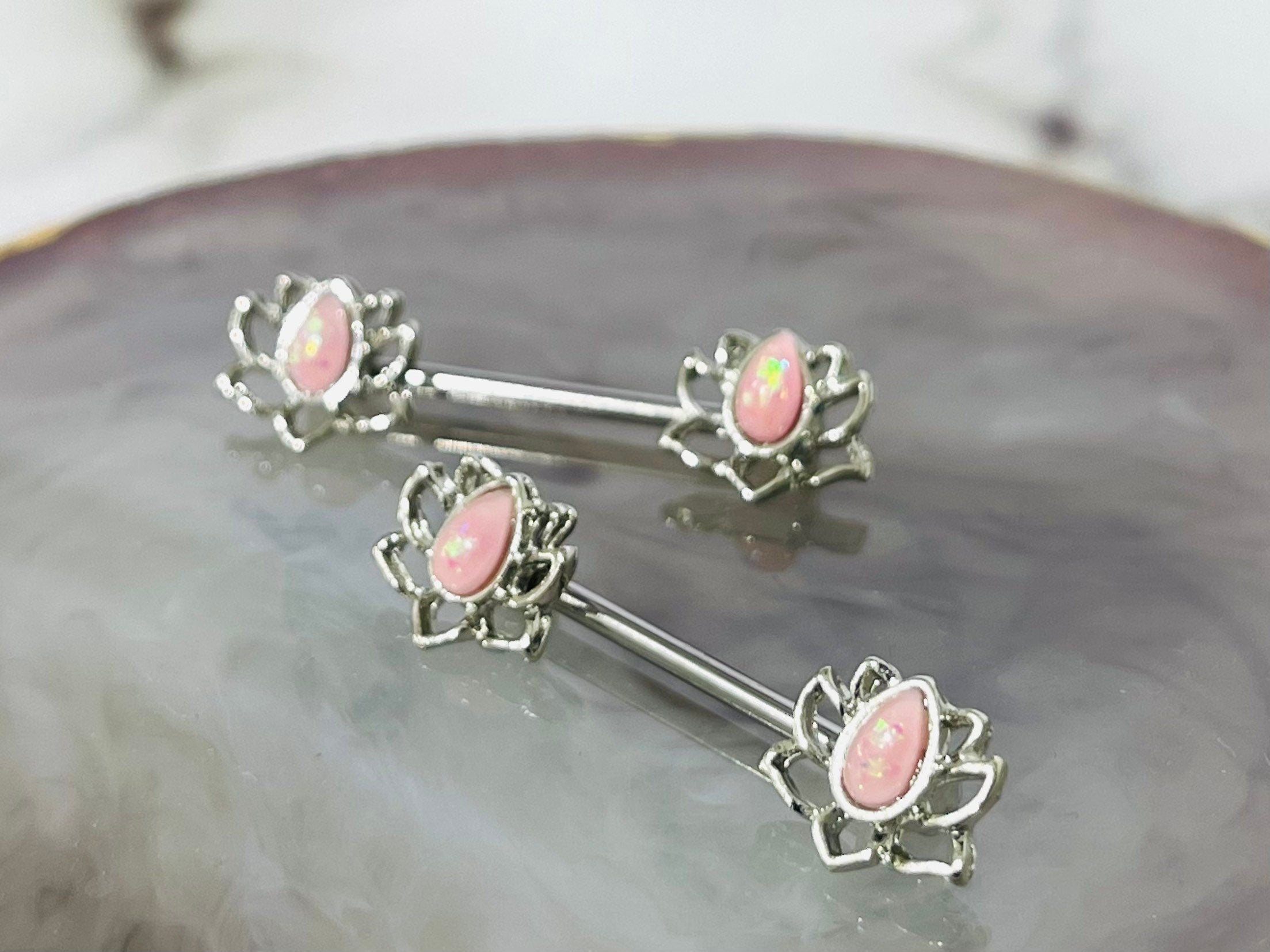 14G Pink Opal Lotus Ends Nipple Barbell Jewelry for Woman. Nipple Rings. Nipple Piercing. Nipple Jewelry.