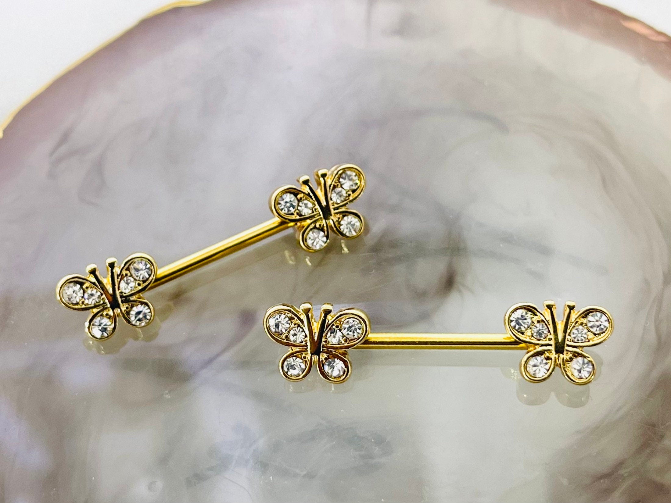 Pair of 14G Gold Clear Stones Butterfly Ends Nipple Barbell. Nipple Rings. Nipple Piercing. Nipple Jewelry