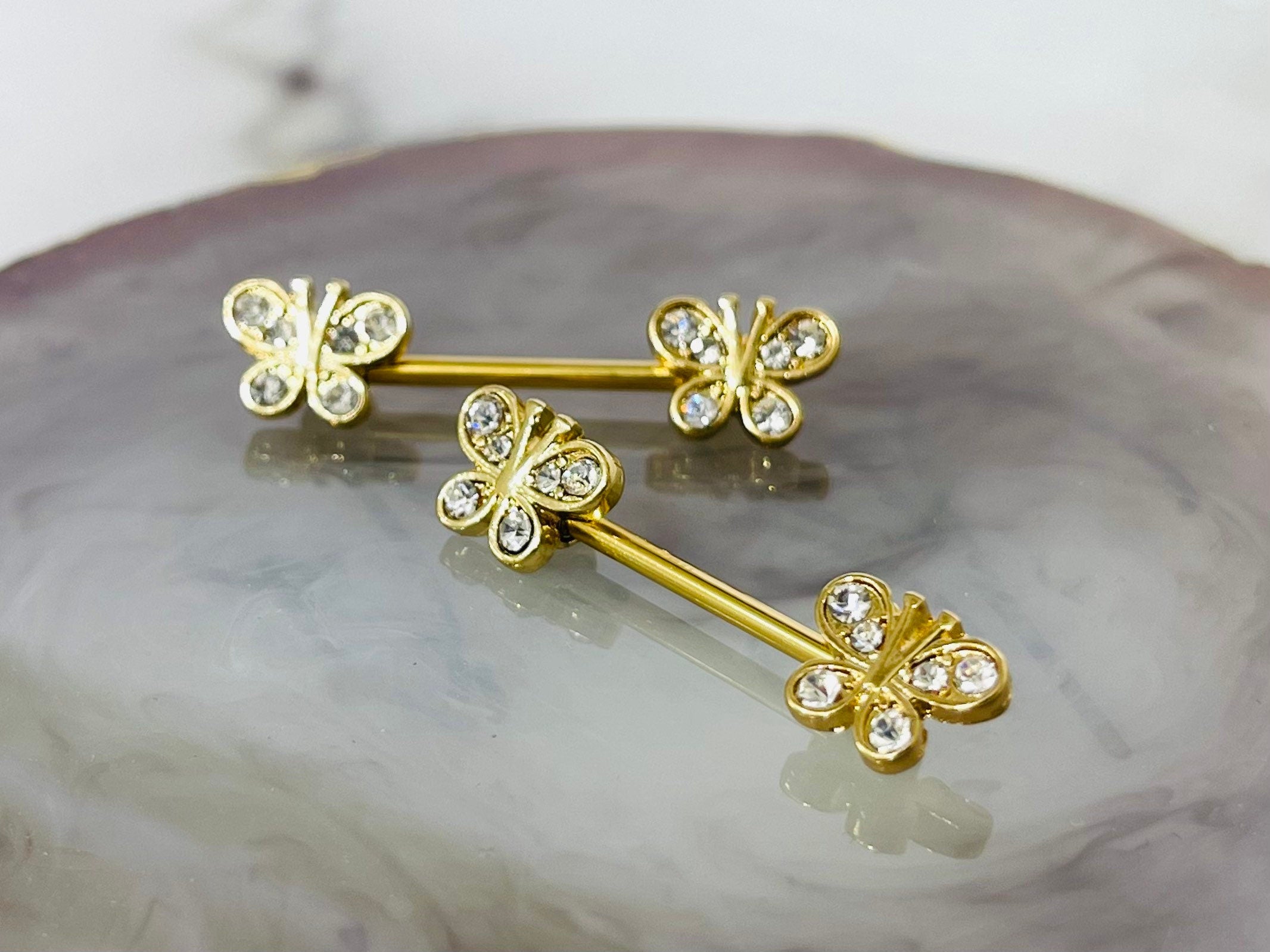 Pair of 14G Gold Clear Stones Butterfly Ends Nipple Barbell. Nipple Rings. Nipple Piercing. Nipple Jewelry