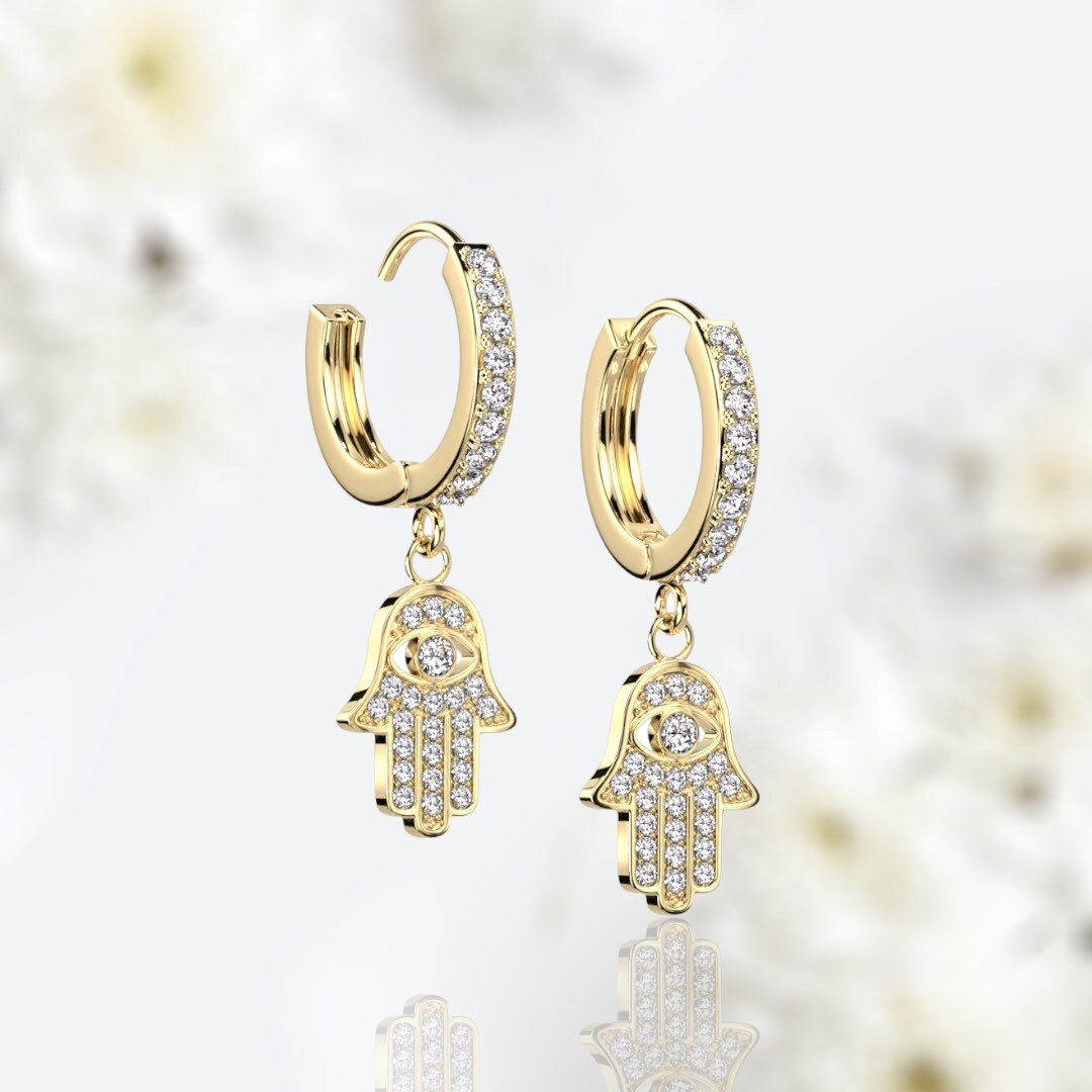 Pair of Gold Plated Clear Stones Paved Dangling Hamsa Hoop Earrings.