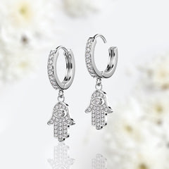 Pair of Stainless Steel Clear Stones Paved Dangling Hamsa Hoop Earrings.