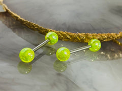 Pair of 14G Green Glitter Acrylic Ball Ends Nipple Barbells. Nipple Rings. Nipple Piercing. Nipple Jewelry.