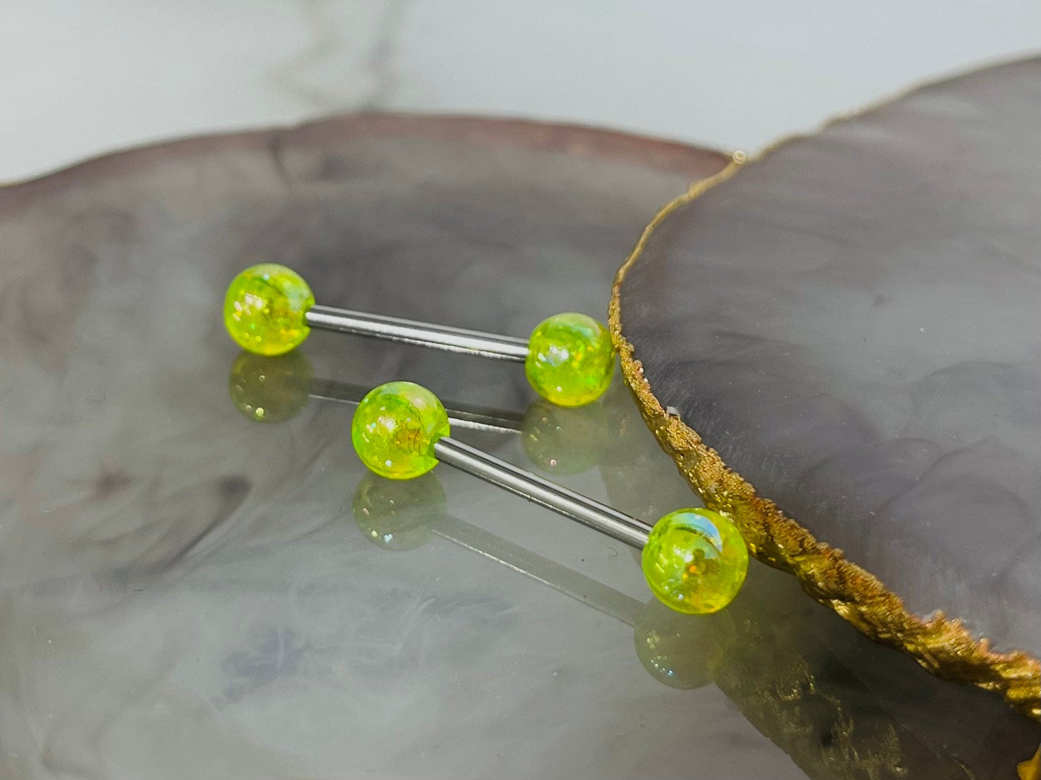 Pair of 14G Green Glitter Acrylic Ball Ends Nipple Barbells. Nipple Rings. Nipple Piercing. Nipple Jewelry.