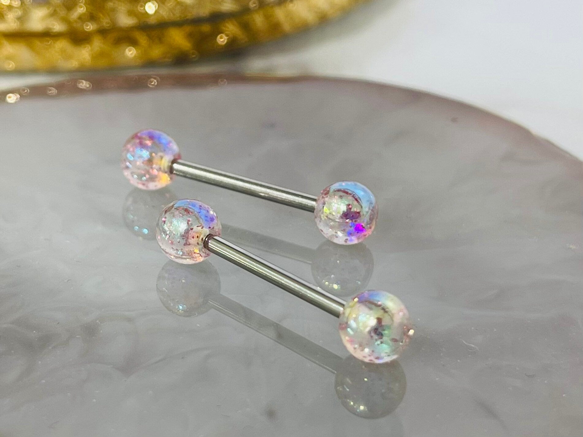 Pair of 14G White Iridescent Glitter Acrylic Ball Ends Nipple Barbells. Nipple Rings. Nipple Piercing. Nipple Jewelry.