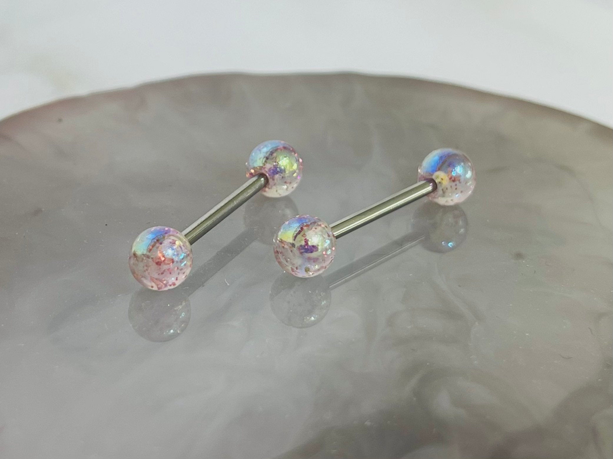 Pair of 14G White Iridescent Glitter Acrylic Ball Ends Nipple Barbells. Nipple Rings. Nipple Piercing. Nipple Jewelry.