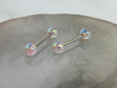 Pair of 14G White Iridescent Glitter Acrylic Ball Ends Nipple Barbells. Nipple Rings. Nipple Piercing. Nipple Jewelry.