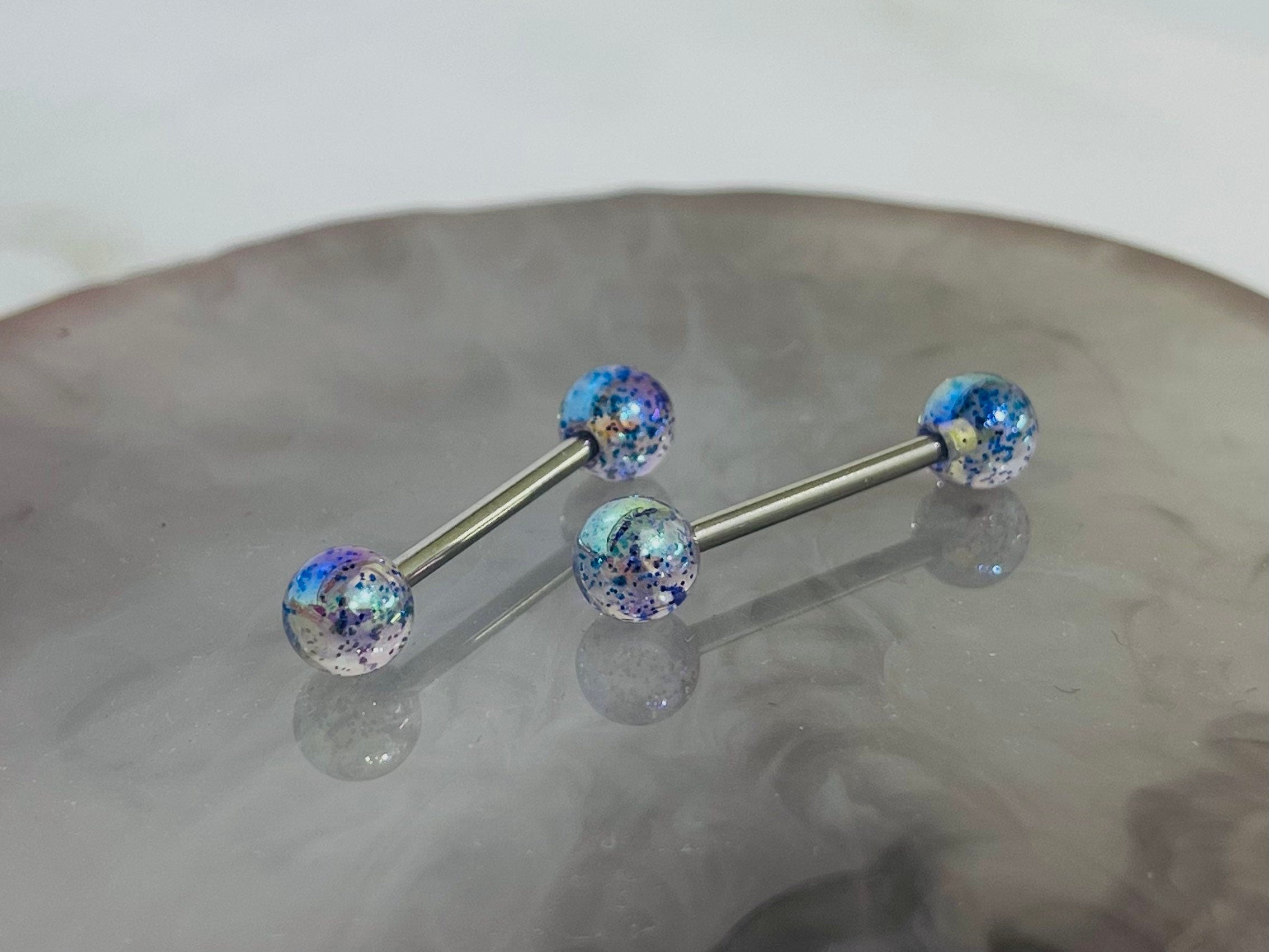 Pair of 14G Rainbow Iridescent Glitter Acrylic Ball Ends Nipple Barbells. Nipple Rings. Nipple Piercing. Nipple Jewelry.