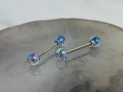 Pair of 14G Rainbow Iridescent Glitter Acrylic Ball Ends Nipple Barbells. Nipple Rings. Nipple Piercing. Nipple Jewelry.