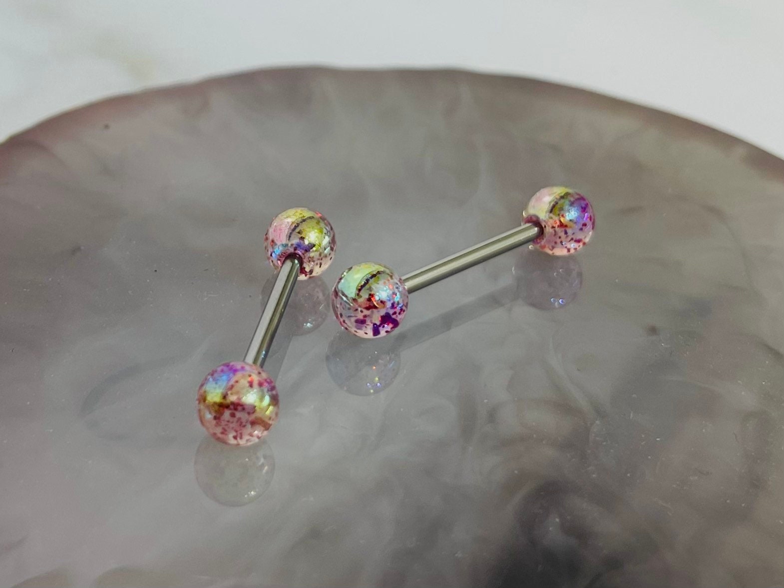 Pair of 14G Pink Iridescent Glitter Acrylic Ball Ends Nipple Barbells. Nipple Rings. Nipple Piercing. Nipple Jewelry.