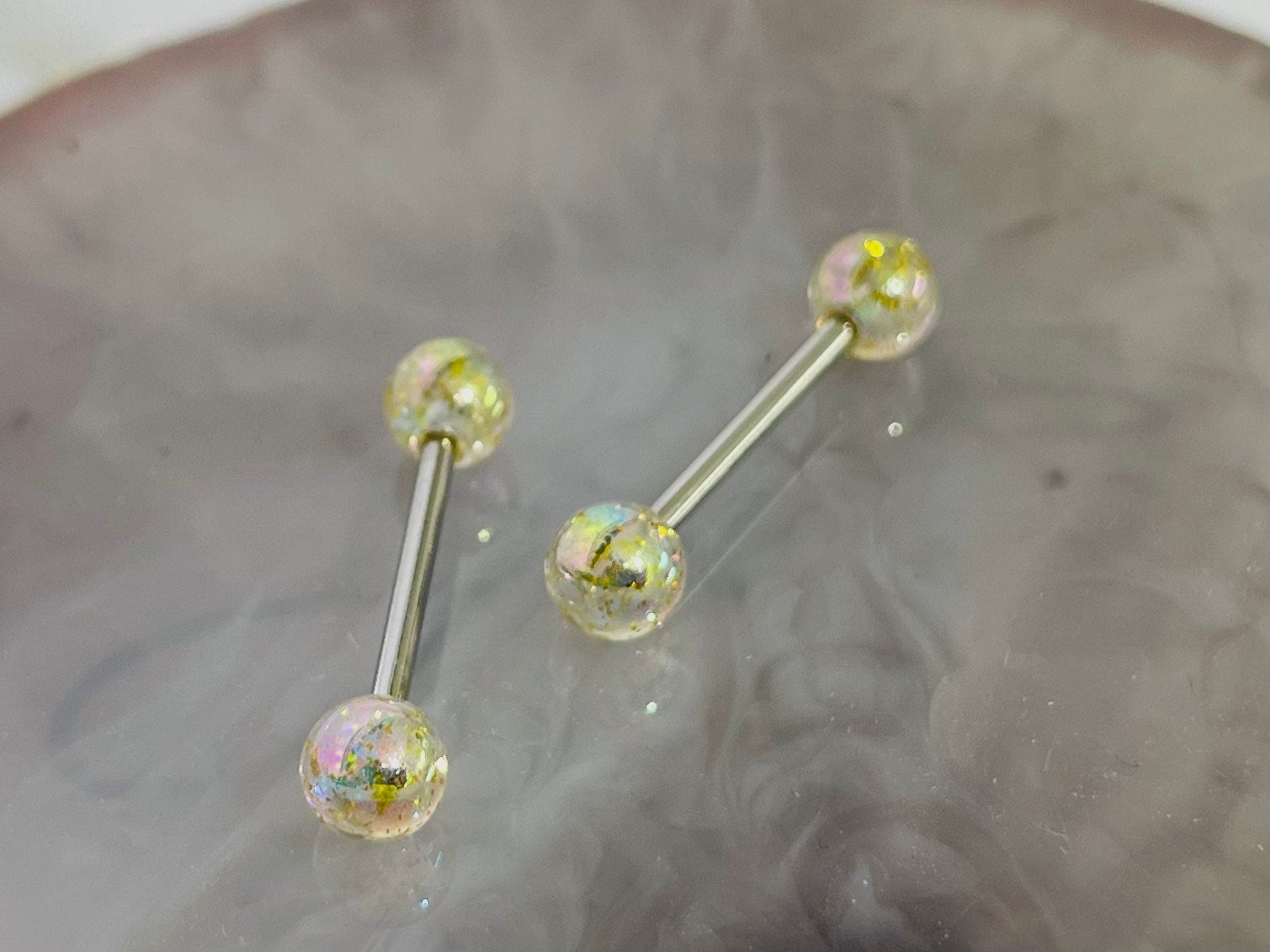 Pair of 14G Yellow Iridescent Glitter Acrylic Ball Ends Nipple Barbells. Nipple Rings. Nipple Piercing. Nipple Jewelry.