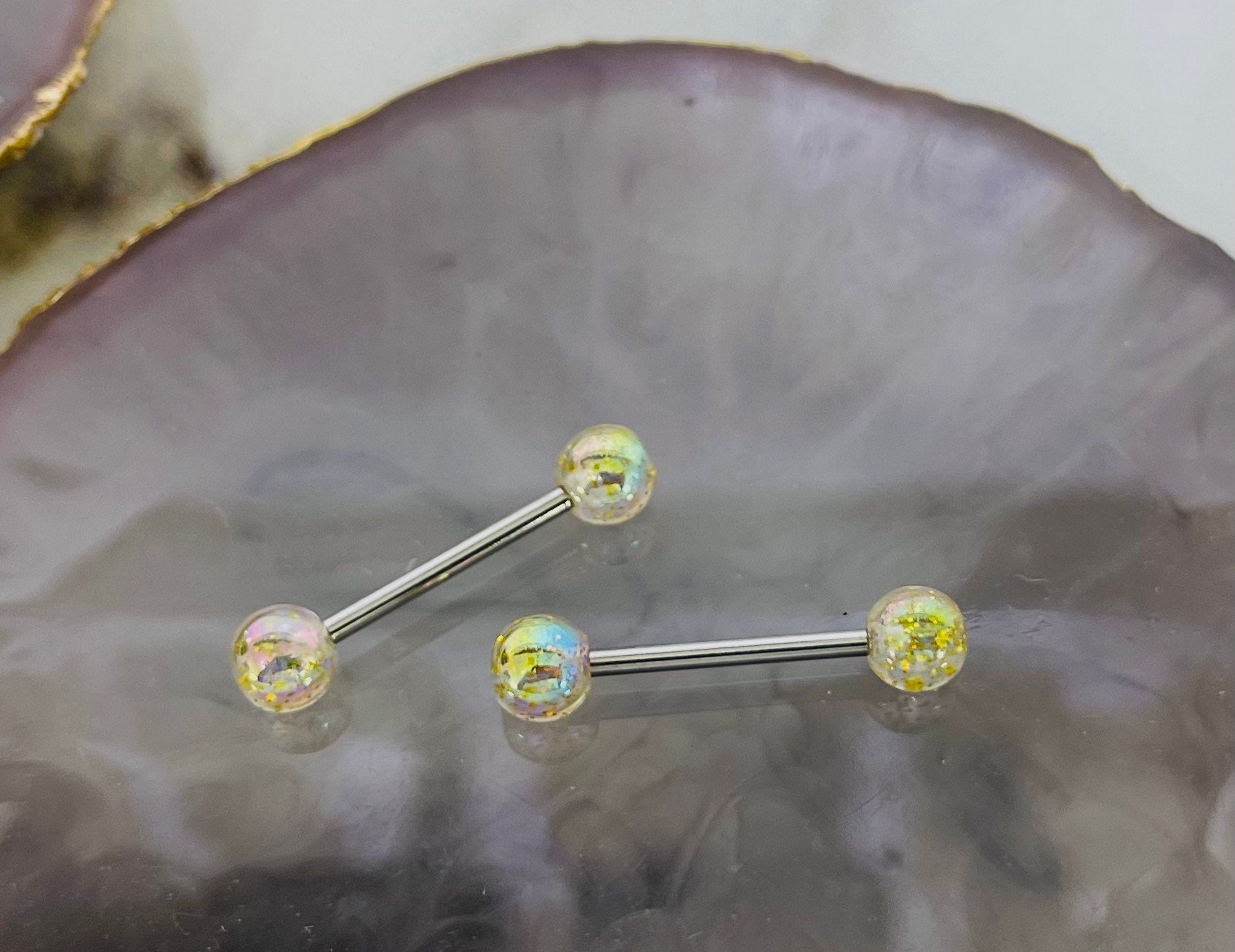 Pair of 14G Yellow Iridescent Glitter Acrylic Ball Ends Nipple Barbells. Nipple Rings. Nipple Piercing. Nipple Jewelry.