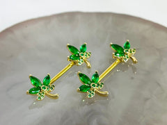 Pair of 14G Gold CZ Leaves Nipple Barbell. Nipple Piercing. Nipple Rings. Nipple Jewelry