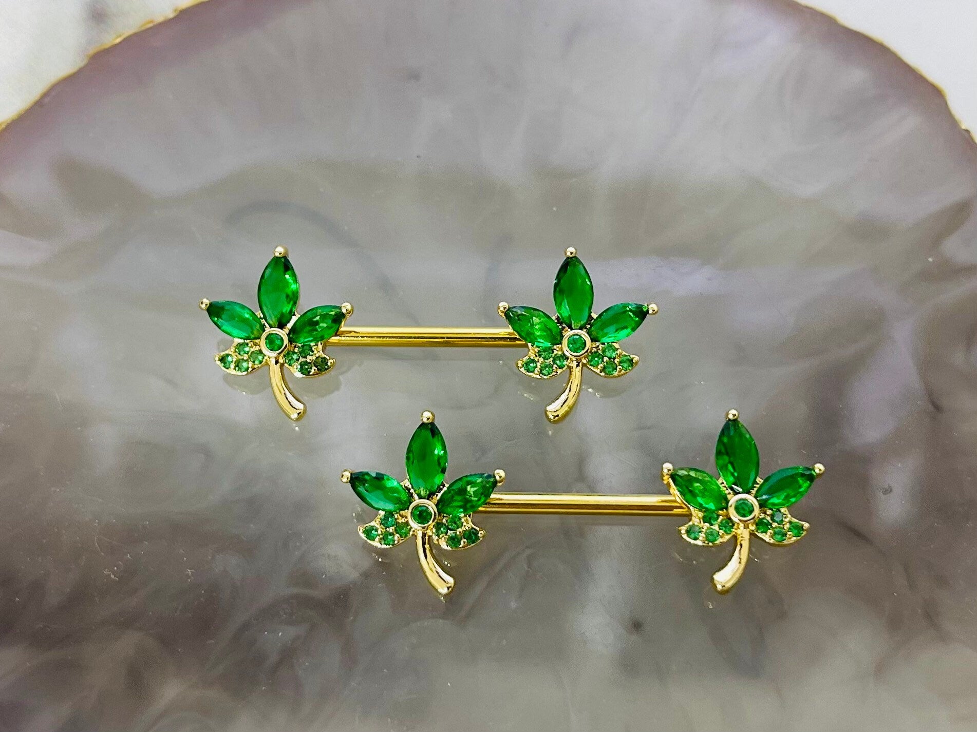 Pair of 14G Gold CZ Leaves Nipple Barbell. Nipple Piercing. Nipple Rings. Nipple Jewelry