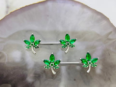 Pair of 14G Silver CZ Leaves Nipple Barbell. Nipple Piercing. Nipple Rings. Nipple Jewelry