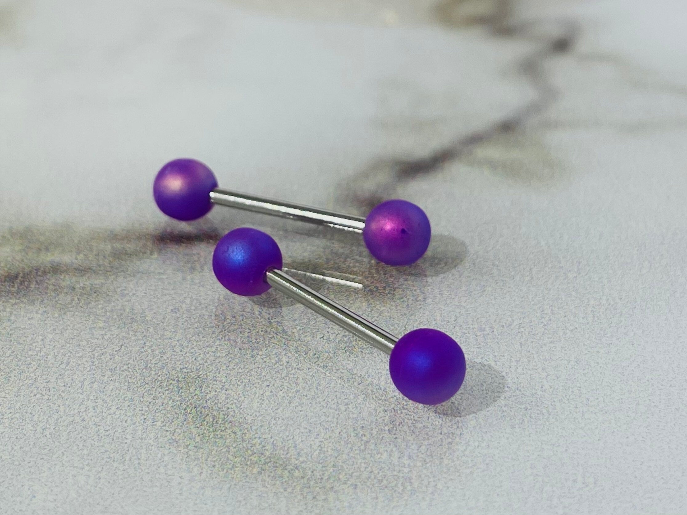 Pair of 14G Matte Finish Neon Purple Ball End Nipple Barbell. Nipple Piercing. Nipple Rings. Nipple Jewelry