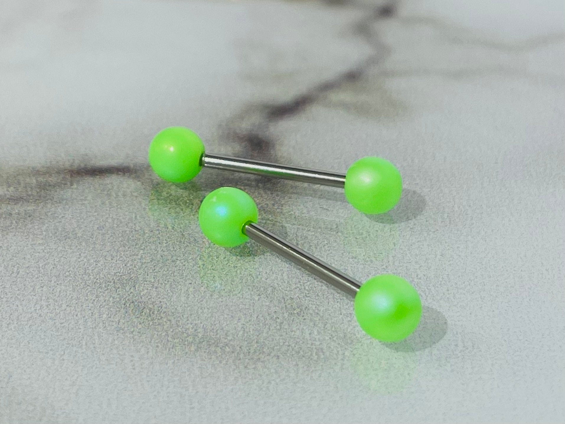 Pair of 14G Matte Finish Neon Green Ball End Nipple Barbell. Nipple Piercing. Nipple Rings. Nipple Jewelry