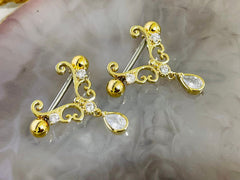 Pair of 14G Gold Heart Filigree with Dangling Teardrop Nipple Barbell.