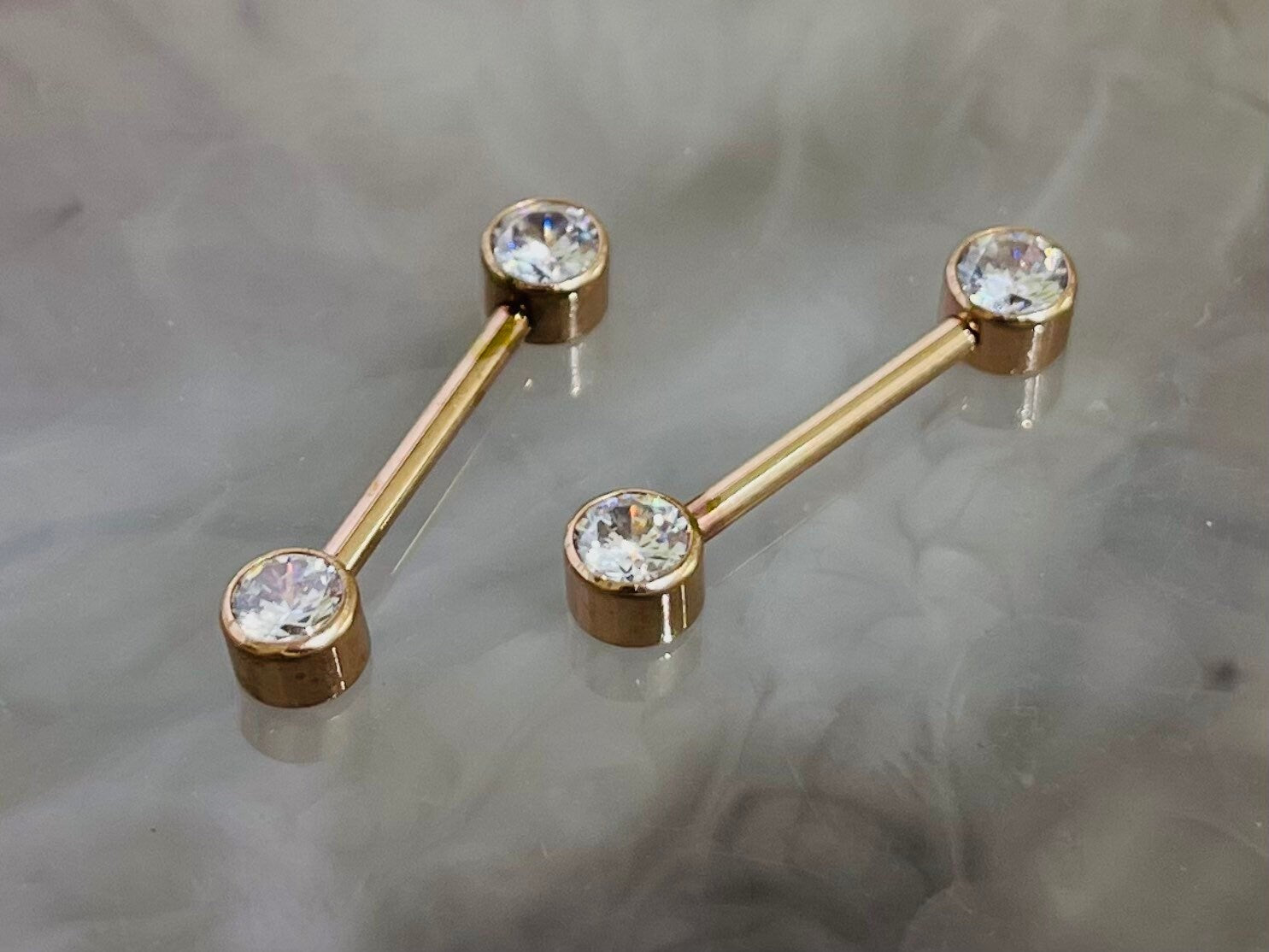 Implant Grade Titanium Internally Threaded Rose Gold Bezel Set Clear Stone Nipple Barbell. Nipple ring. Nipple Jewelry