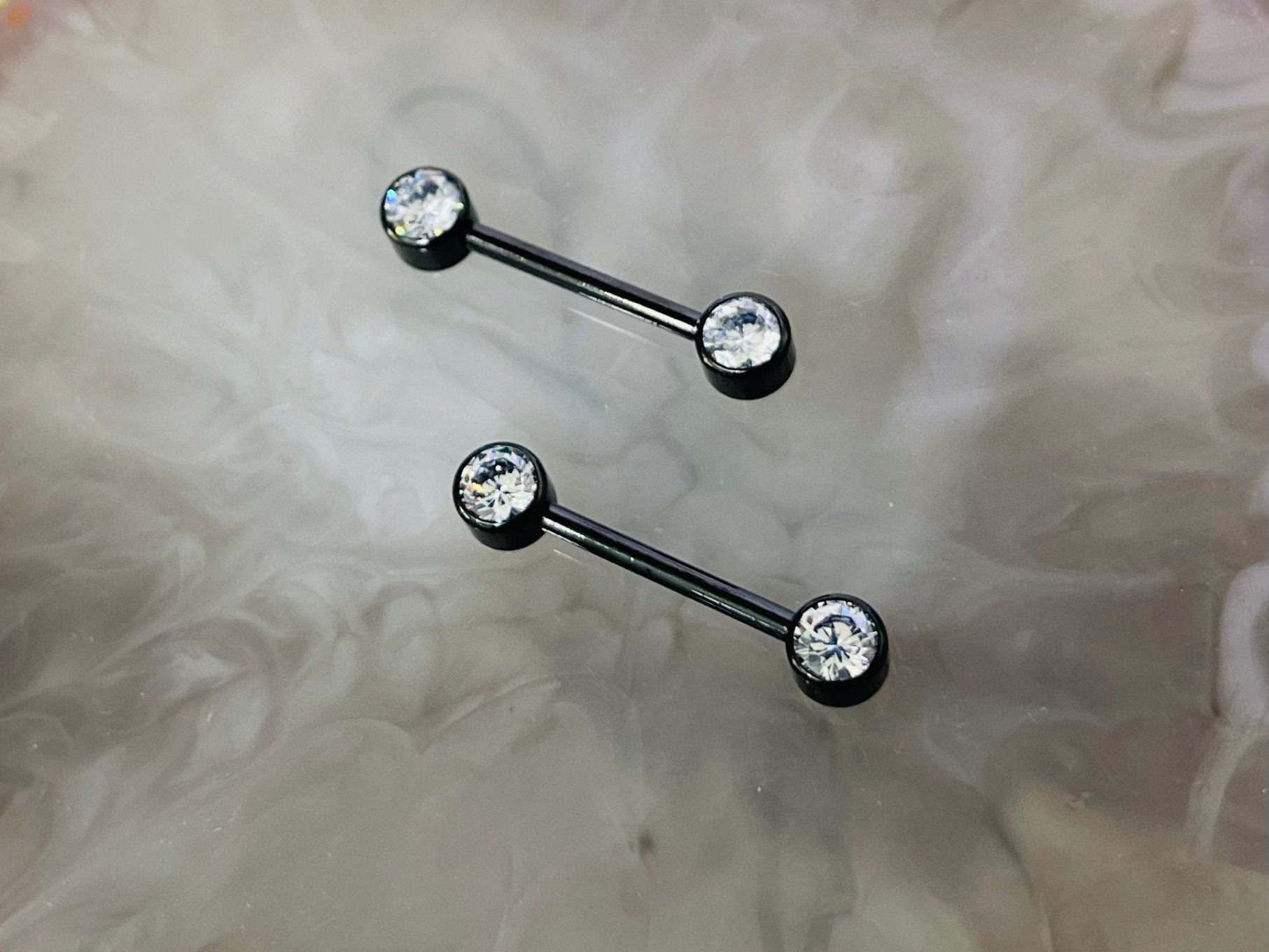 Pair of 14G Implant Grade Titanium Internally Threaded Black Bezel Set Clear Stone Nipple Barbell.