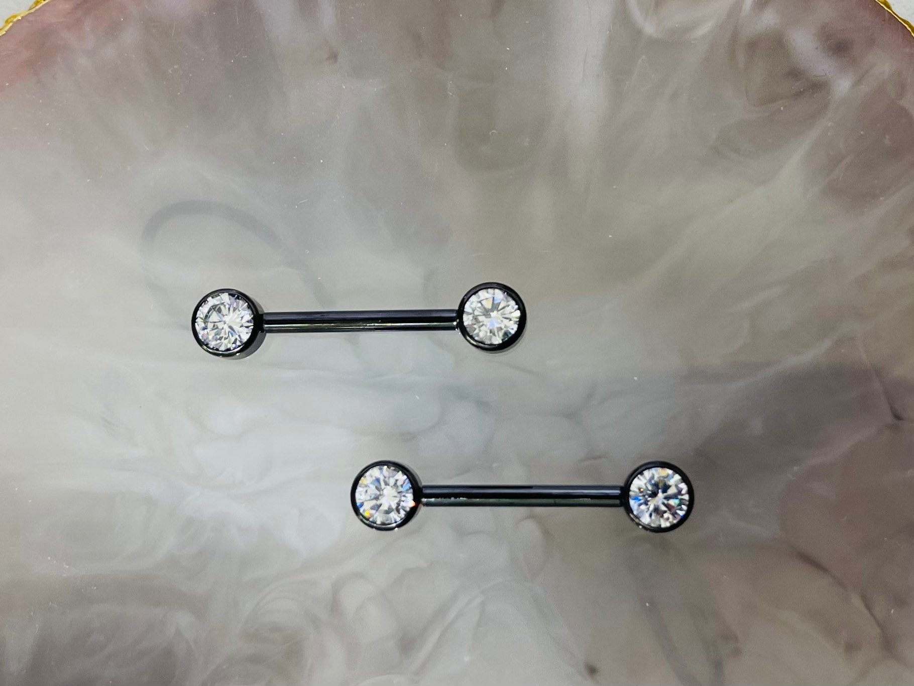 Pair of 14G Implant Grade Titanium Internally Threaded Black Bezel Set Clear Stone Nipple Barbell.