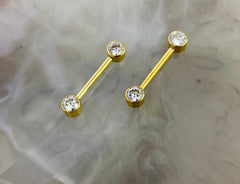 Pair of 14G Implant Grade Titanium Internally Threaded Gold Bezel Set Clear Stone Nipple Barbell.