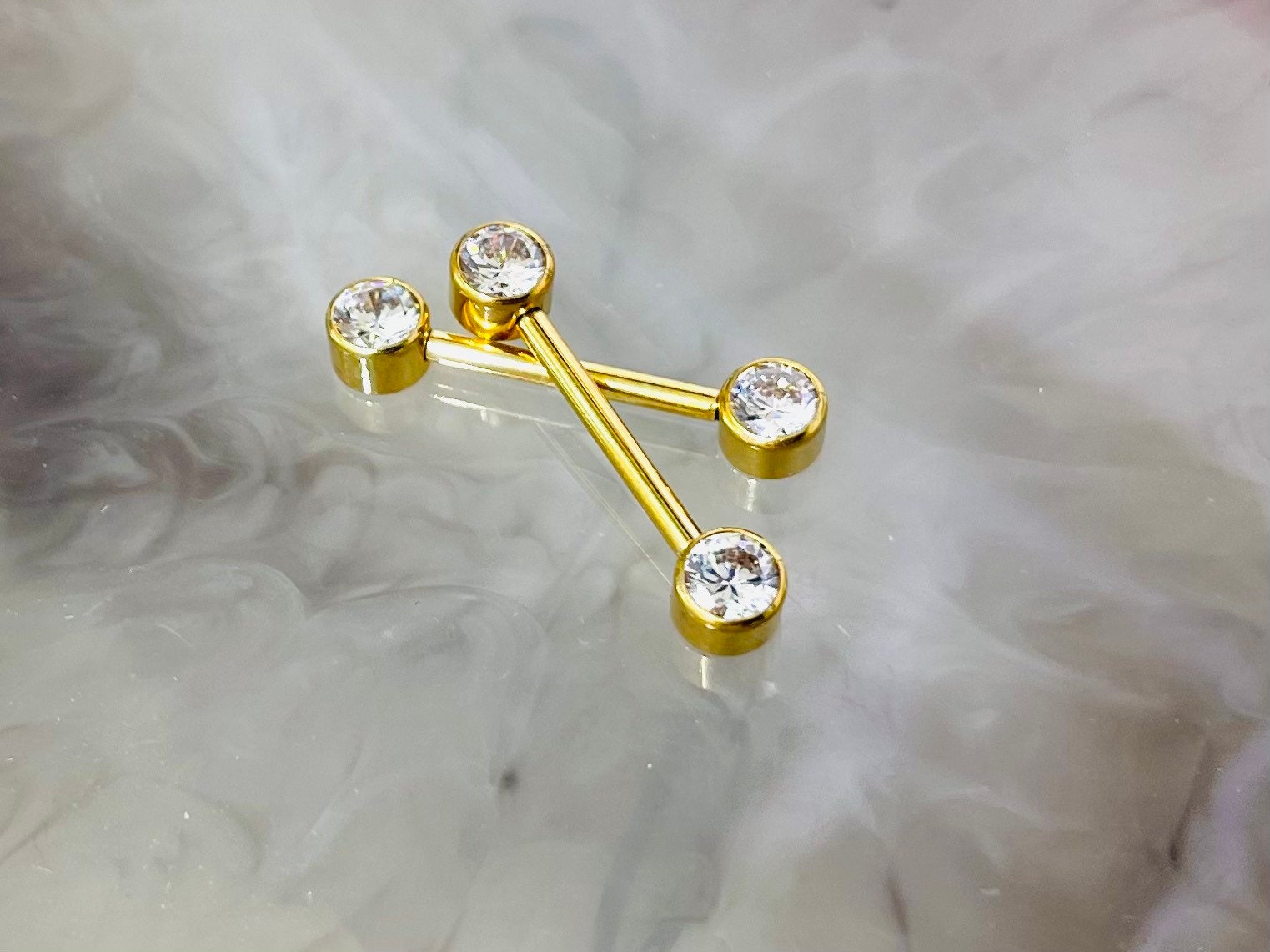 Pair of 14G Implant Grade Titanium Internally Threaded Gold Bezel Set Clear Stone Nipple Barbell.