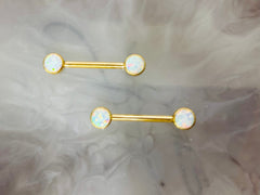 Pair of 14G Implant Grade Titanium Internally Threaded Gold Bezel Set White Opal Stone Nipple Barbell.