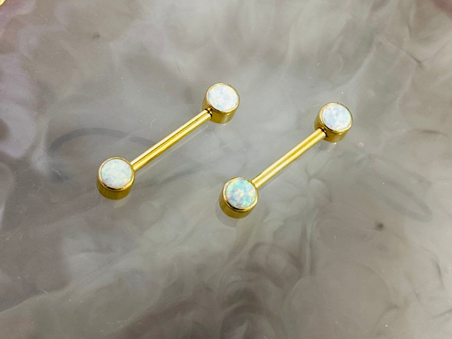 Pair of 14G Implant Grade Titanium Internally Threaded Gold Bezel Set White Opal Stone Nipple Barbell.