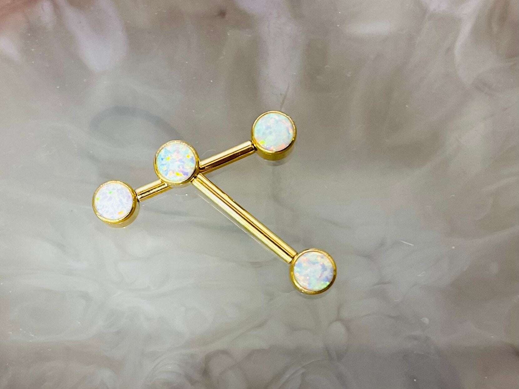 Pair of 14G Implant Grade Titanium Internally Threaded Gold Bezel Set White Opal Stone Nipple Barbell.