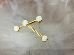 Pair of 14G Implant Grade Titanium Internally Threaded Gold Bezel Set White Opal Stone Nipple Barbell.