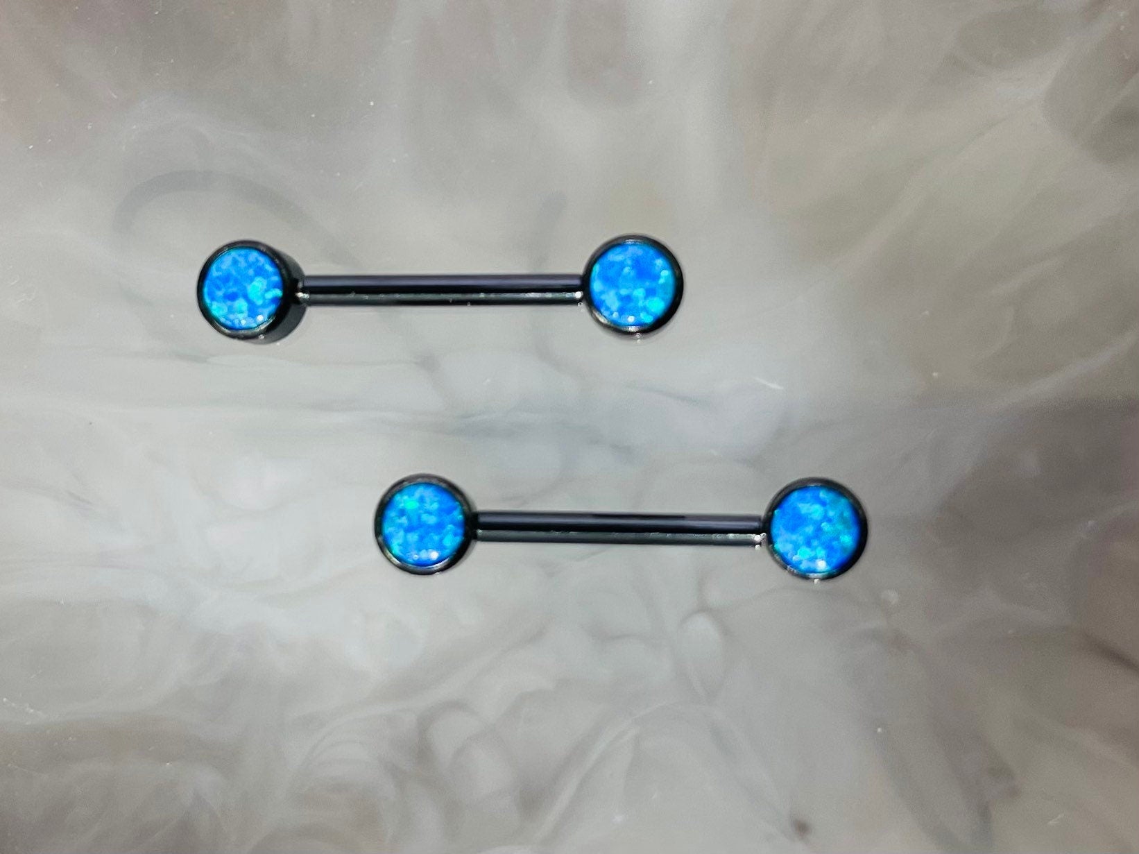 Pair of 14G Implant Grade Titanium Internally Threaded Black Bezel Set Blue Opal Stone Nipple Barbell.