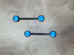 Pair of 14G Implant Grade Titanium Internally Threaded Black Bezel Set Blue Opal Stone Nipple Barbell.