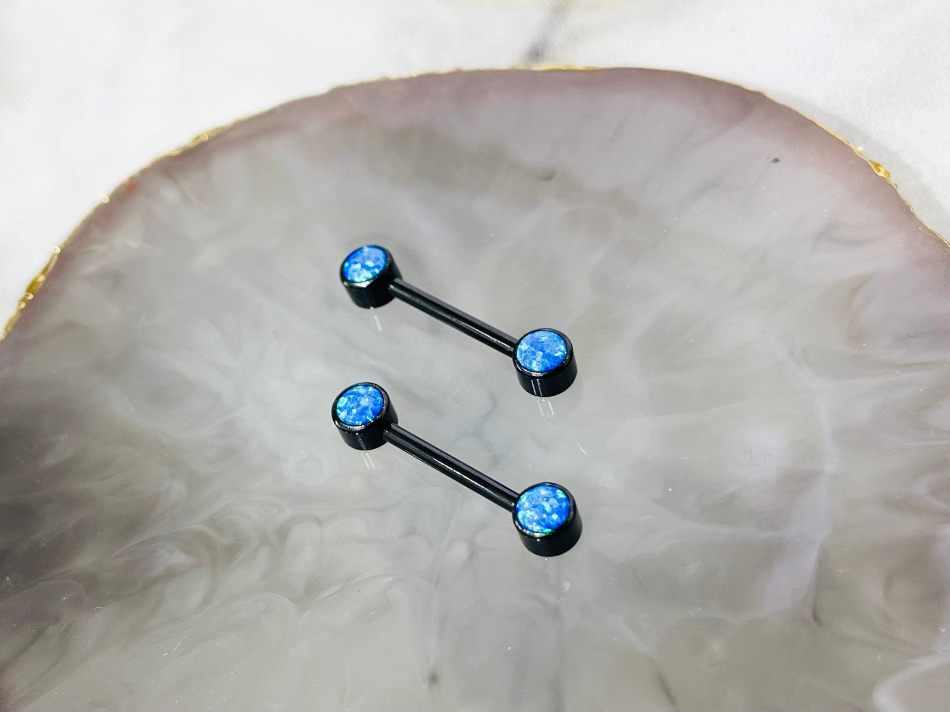 Pair of 14G Implant Grade Titanium Internally Threaded Black Bezel Set Blue Opal Stone Nipple Barbell.