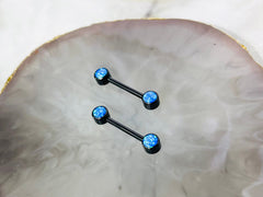 Pair of 14G Implant Grade Titanium Internally Threaded Black Bezel Set Blue Opal Stone Nipple Barbell.