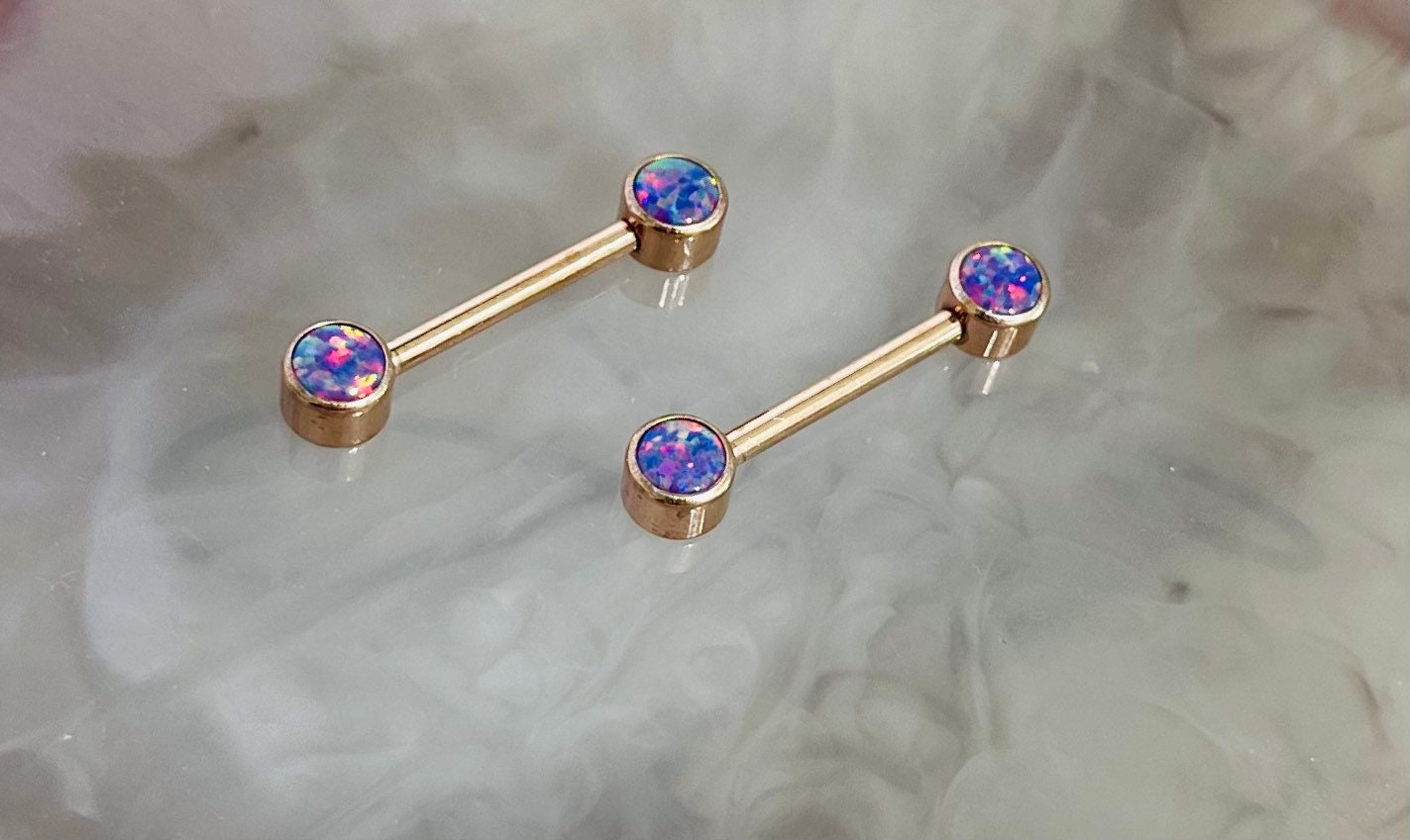 Pair of 14G Implant Grade Titanium Internally Threaded Rose Gold Bezel Set Pink & Blue Opal Stone Nipple Barbell.