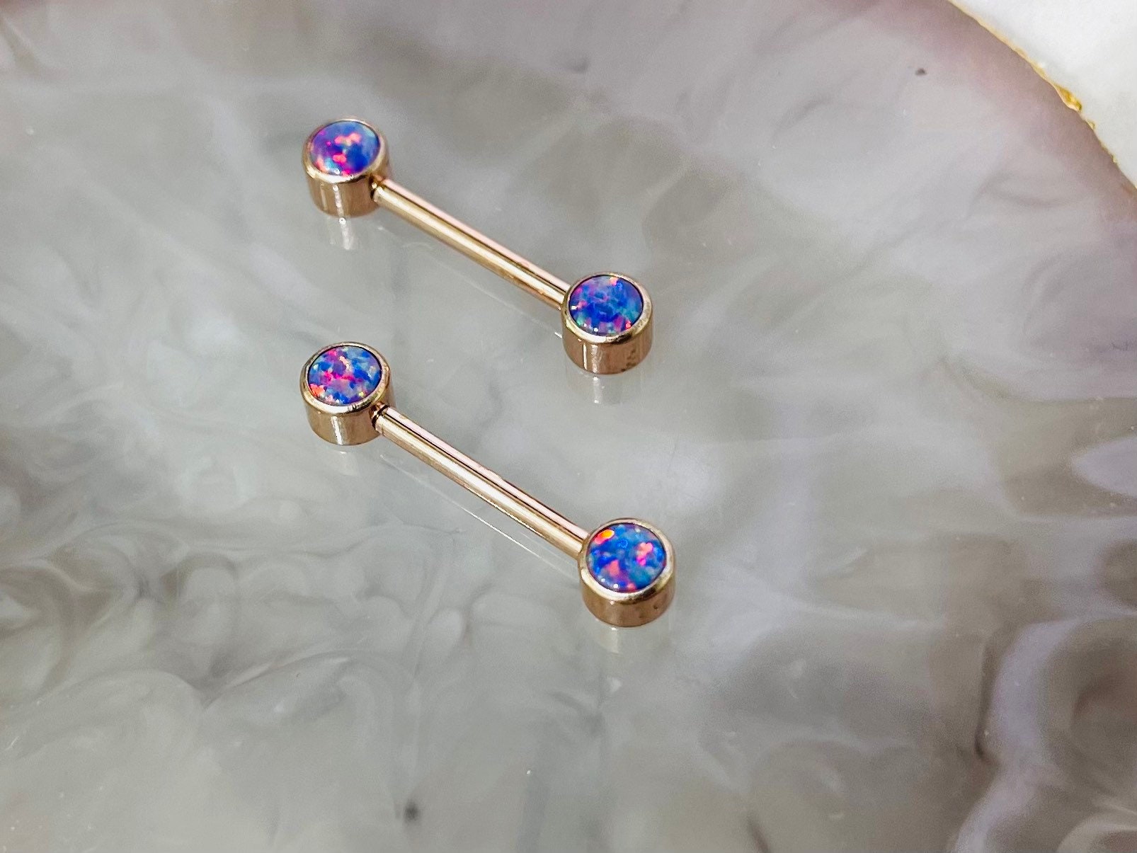 Pair of 14G Implant Grade Titanium Internally Threaded Rose Gold Bezel Set Pink & Blue Opal Stone Nipple Barbell.