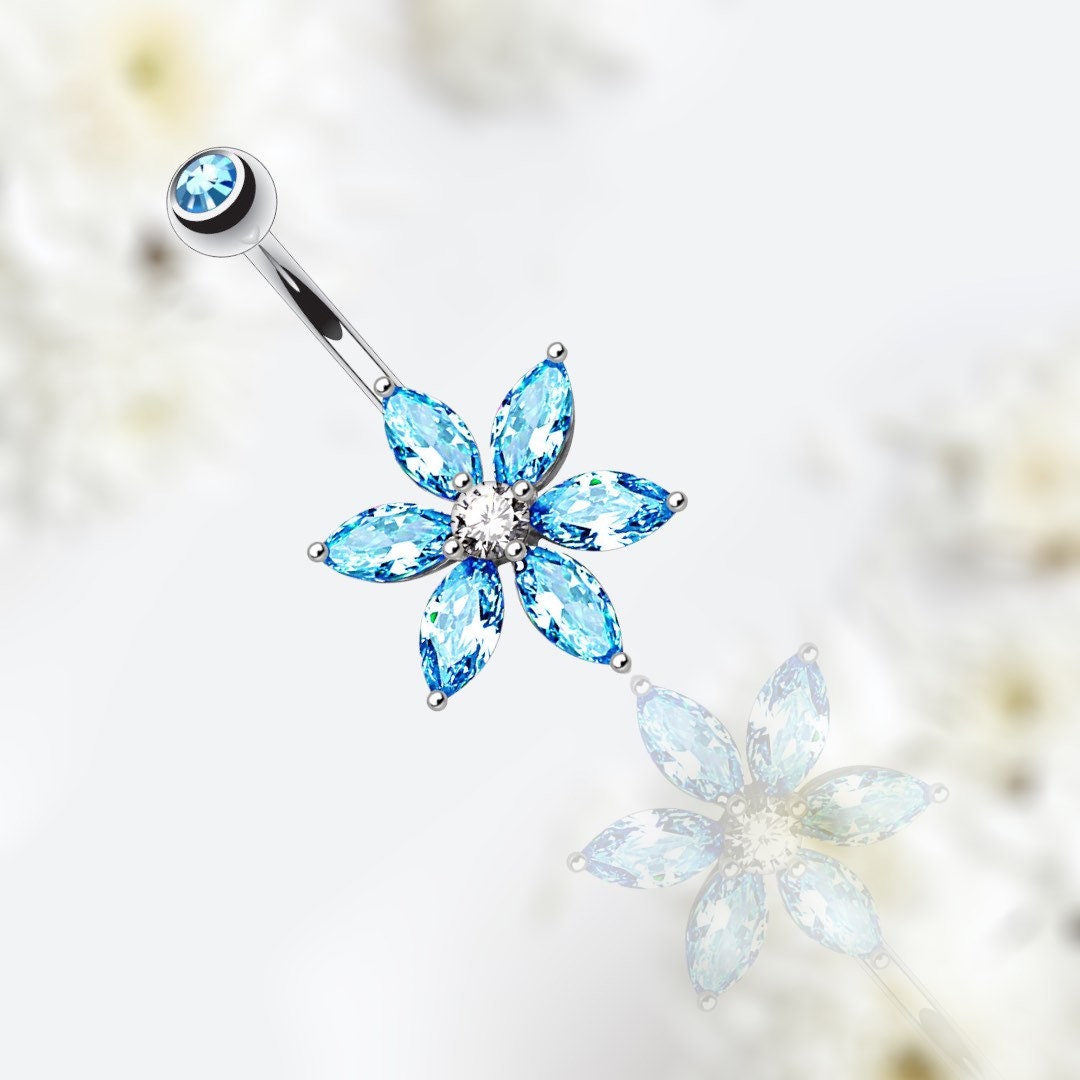 Dainty Blue Stone Marquise Flower Belly Button Ring