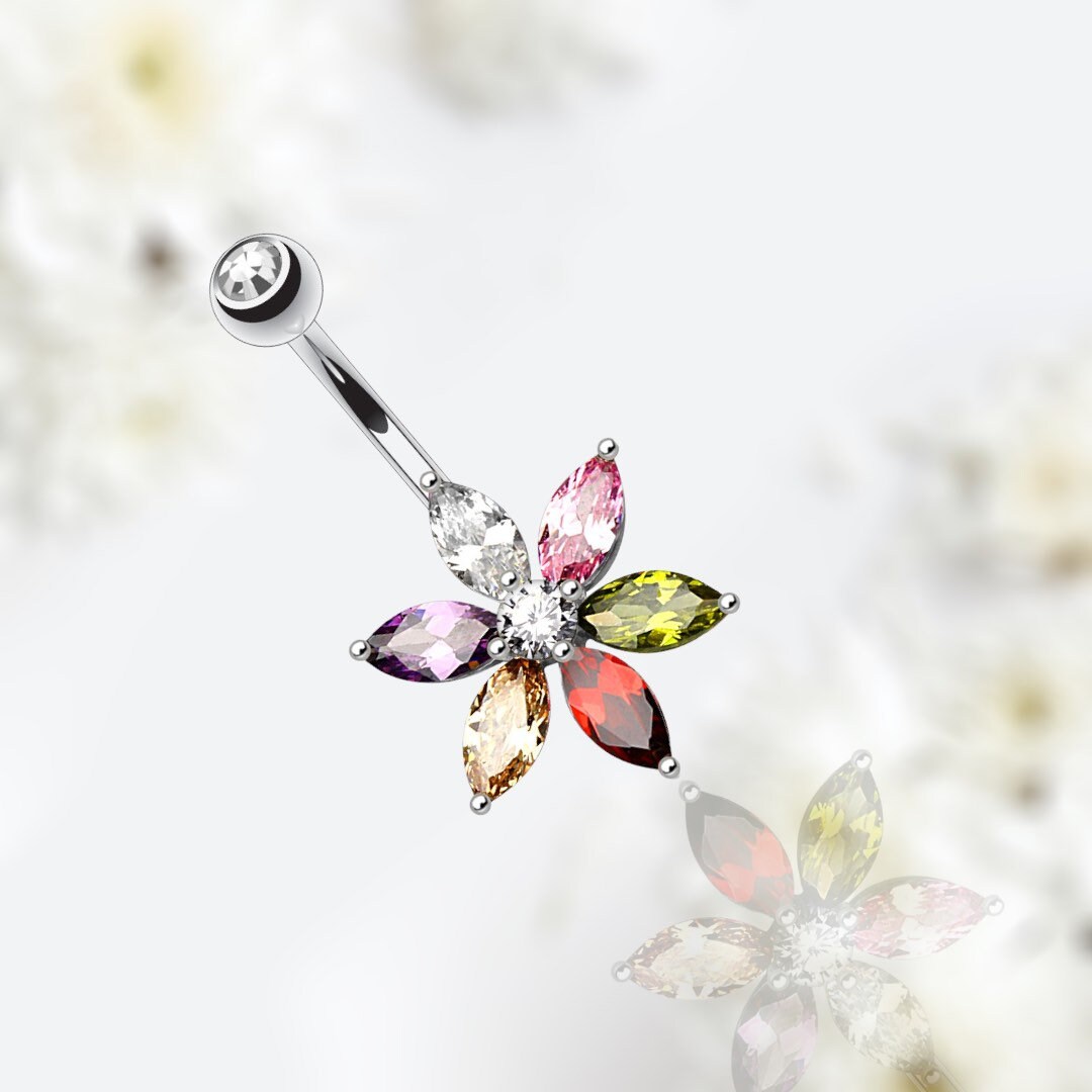 Multicolored Stone Marquise Flower Petals Belly Button Ring