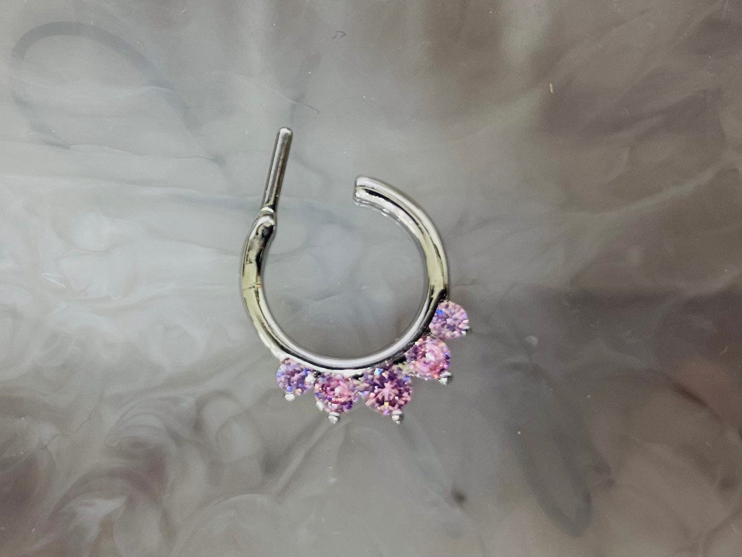 16G Silver Prong Set Sparkling Pink Stone Septum Clicker Ring