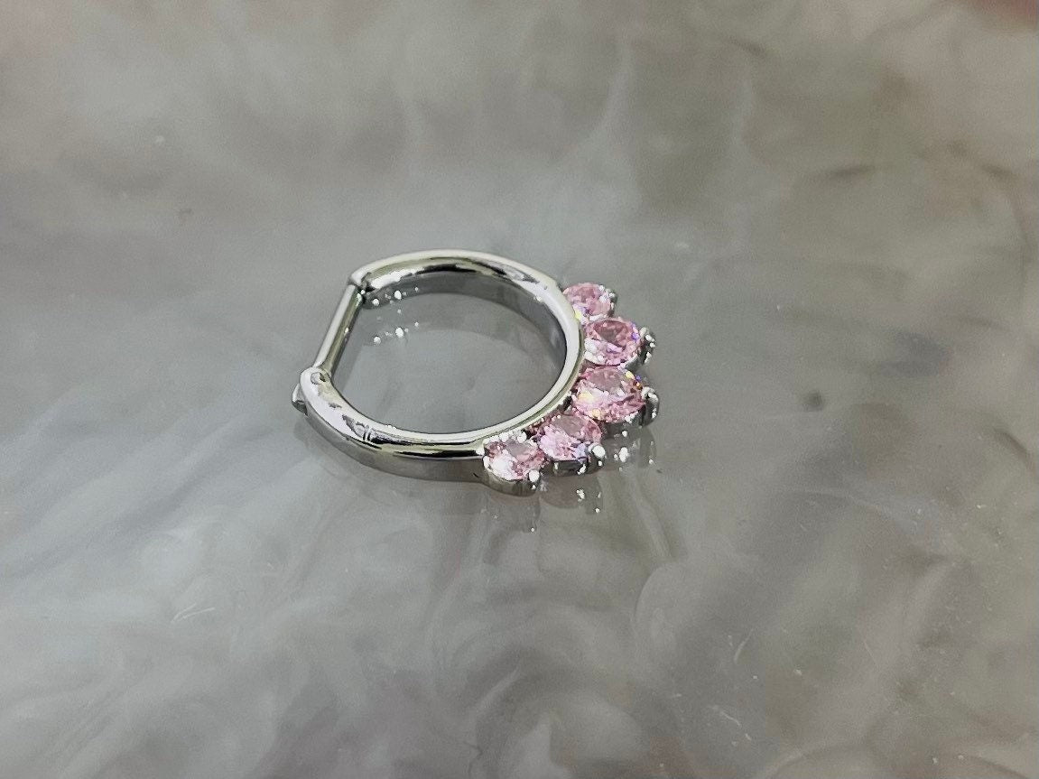 16G Silver Prong Set Sparkling Pink Stone Septum Clicker Ring