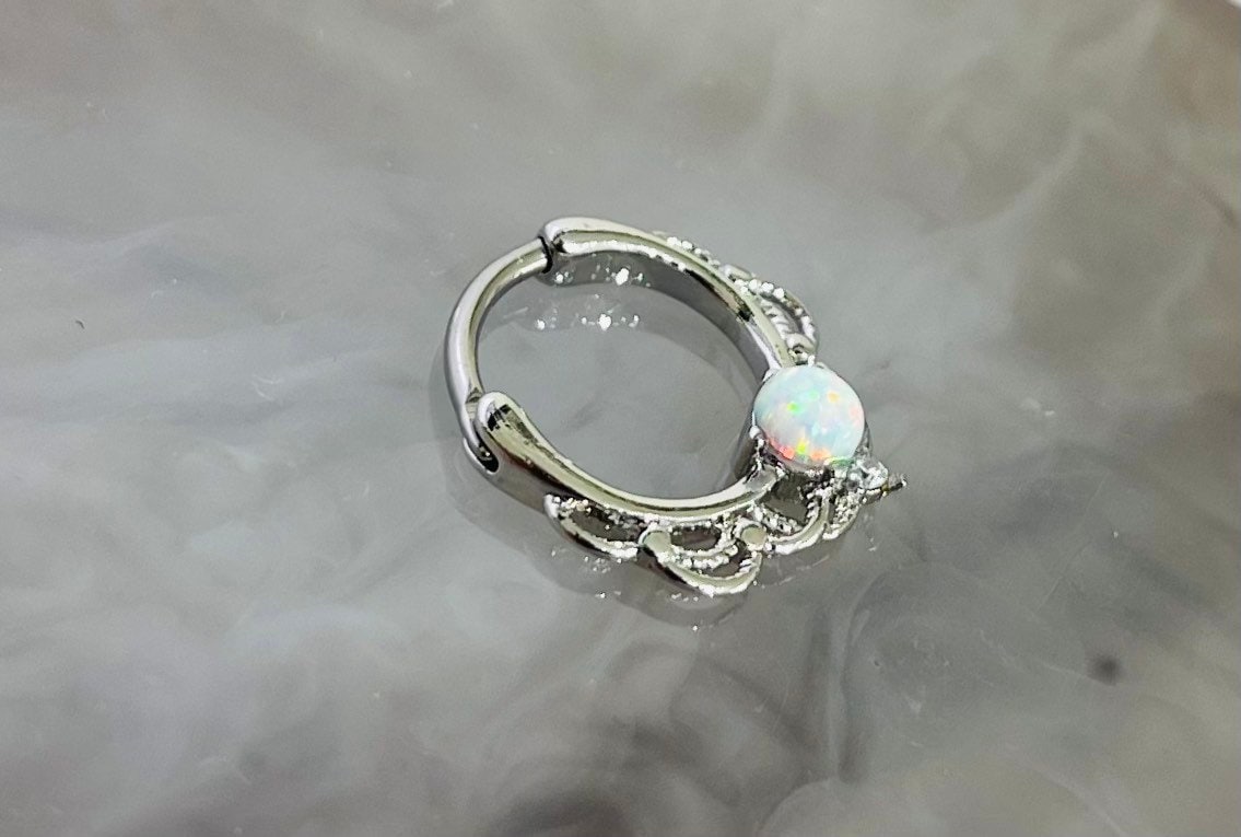 16G Single White Opal Center Lacey Septum Clicker Ring