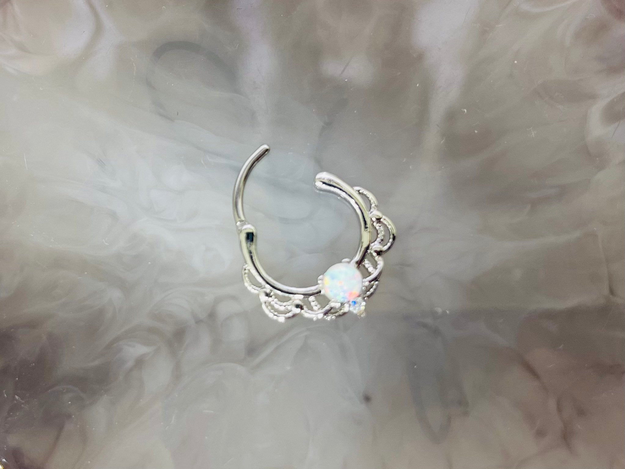 16G Single White Opal Center Lacey Septum Clicker Ring