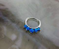 16G Silver Round Blue Opal Center Hinger Septum Clicker Ring