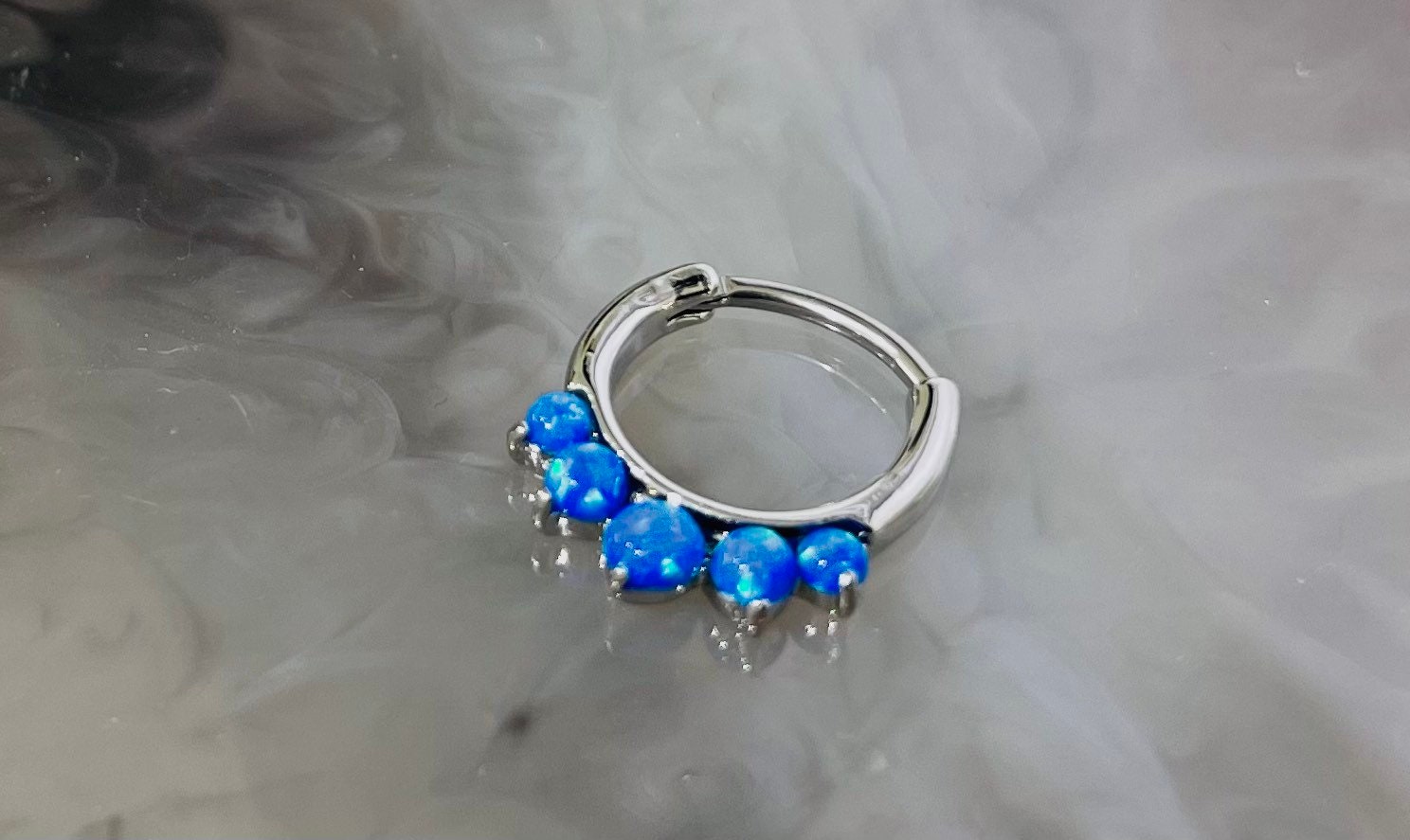 16G Silver Round Blue Opal Center Hinger Septum Clicker Ring