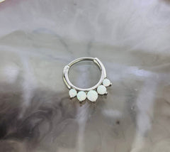 16G Silver Round White Opal Center Hinged Septum Clicker Ring