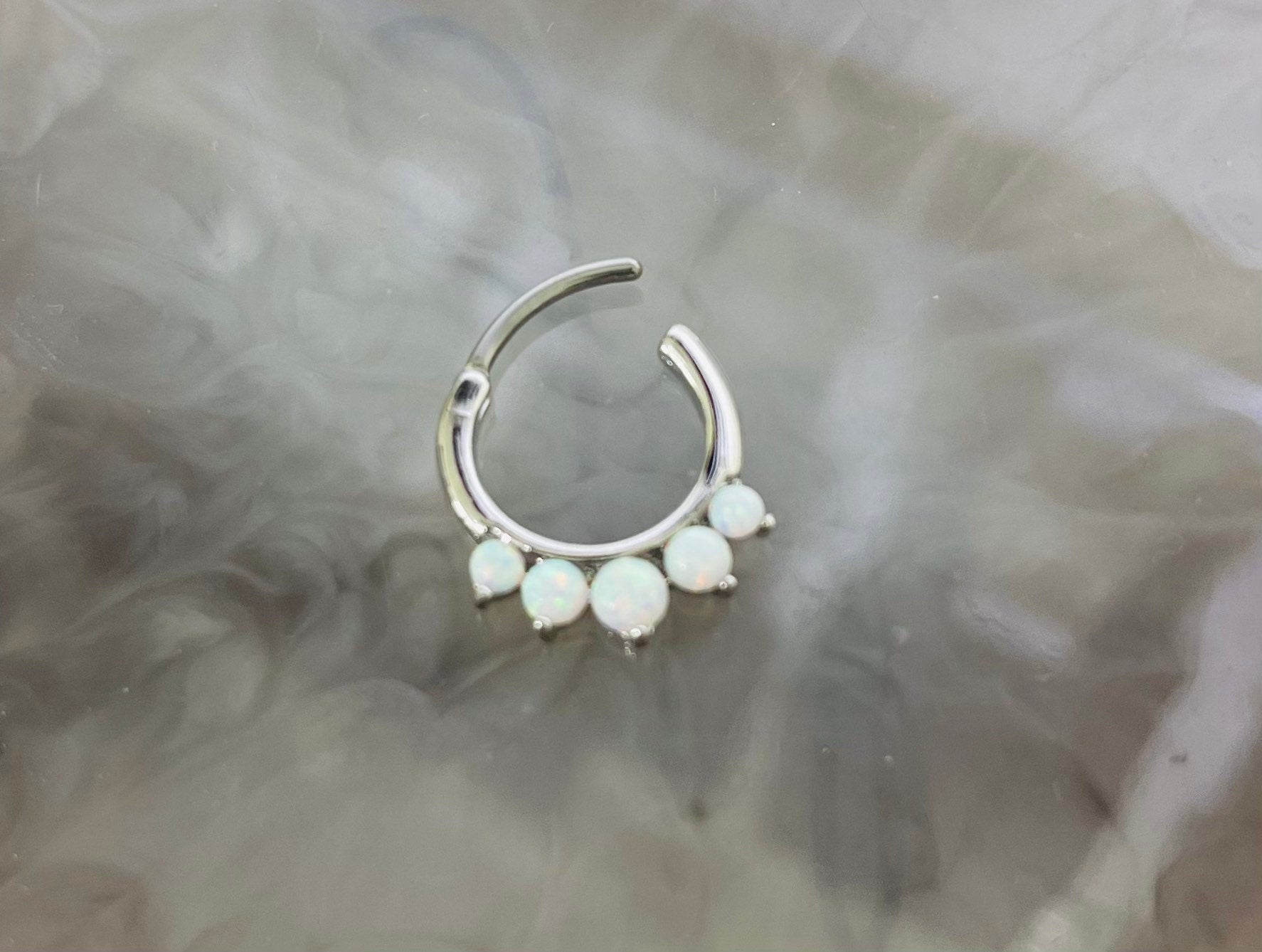 16G Silver Round White Opal Center Hinged Septum Clicker Ring