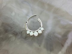 16G Silver Round White Opal Center Hinged Septum Clicker Ring