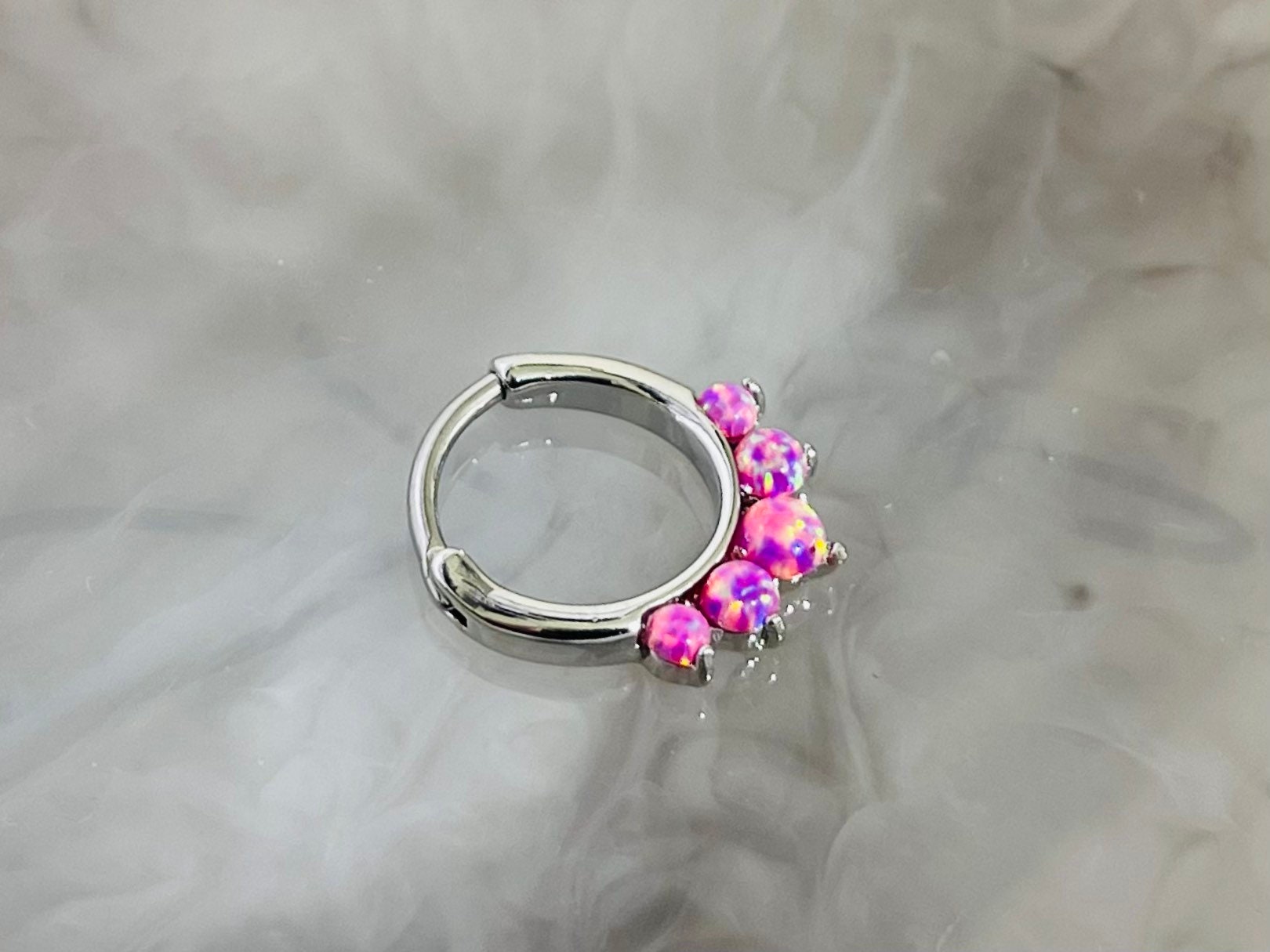 16G Silver Round Pink Opal Center Hinged Septum Clicker Ring