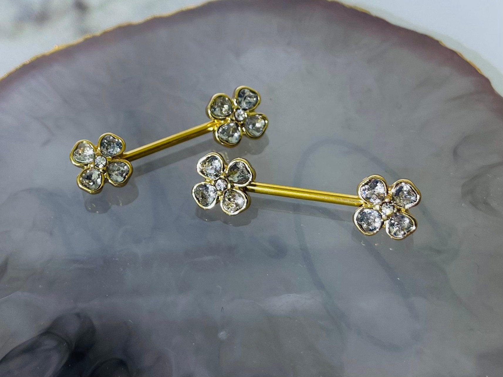 Pair of 14G Gold Clear Stone Heart Clover Nipple Barbells. Nipple Piercing. Nipple Rings. Nipple Jewelry.