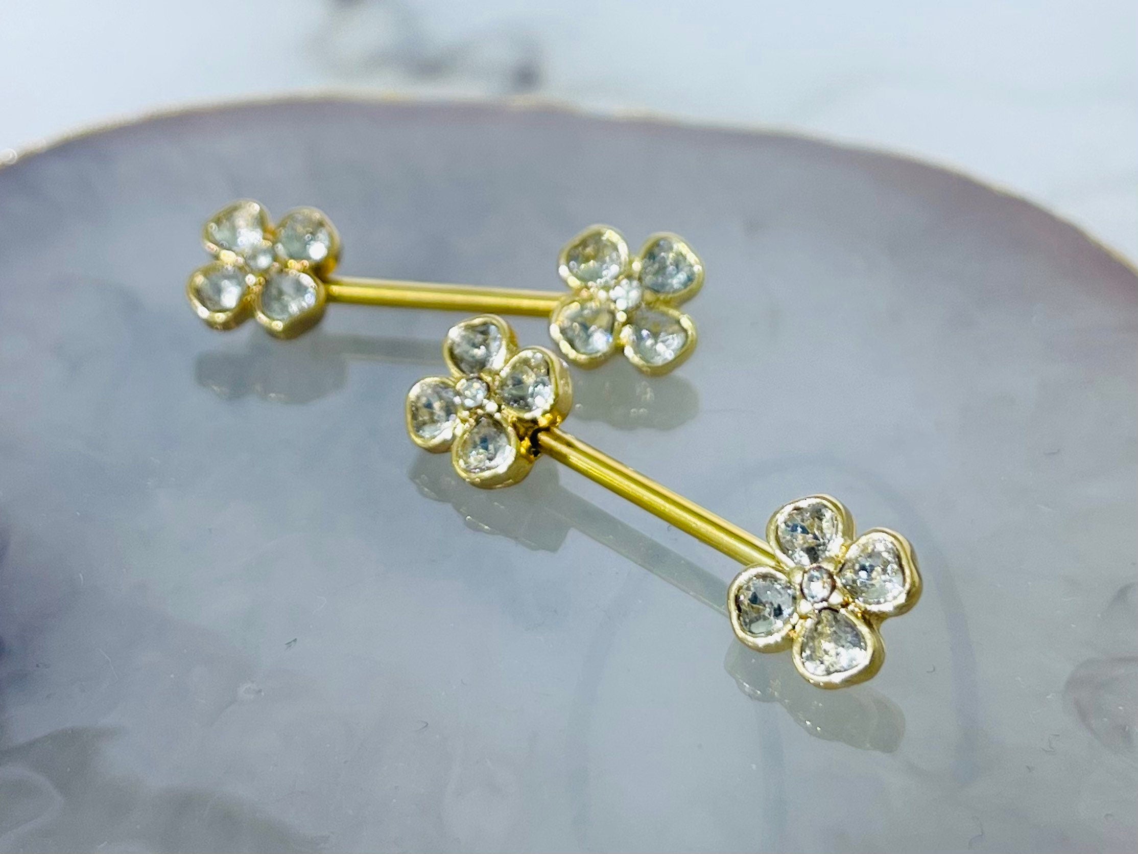 Pair of 14G Gold Clear Stone Heart Clover Nipple Barbells. Nipple Piercing. Nipple Rings. Nipple Jewelry.